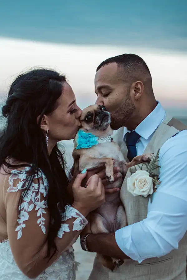 A couple pose with their dog after their elopement wedding. Photographed at Garden City Beach, South Carolina, by Rachel Sue Photography.
