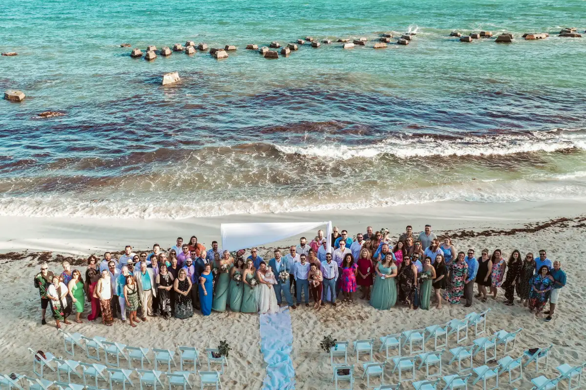 An aerial photograph of the wedding party at the Generations Resort, Riviera Maya