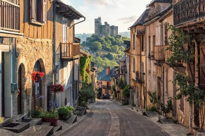 Najac, a beautiful village in France. An old castle can be seen in the background