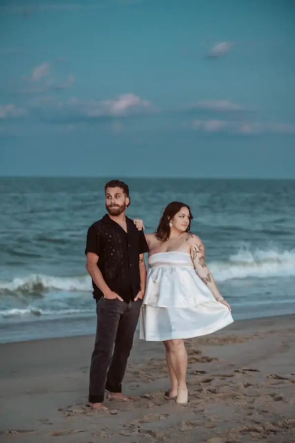 A newlywed couple at the beach.