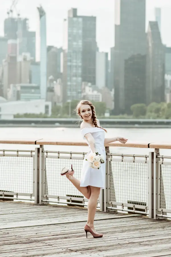 A bride in front of the New York City skyline