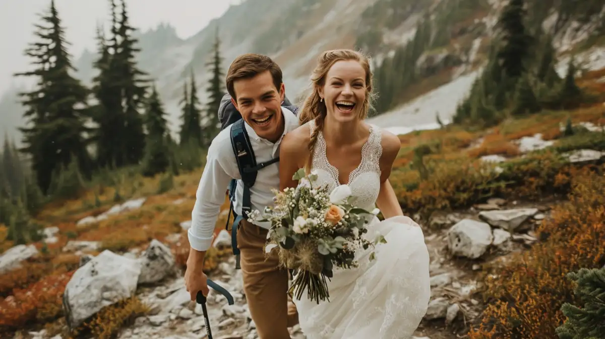 A couple hiking up a mountain on their wedding day